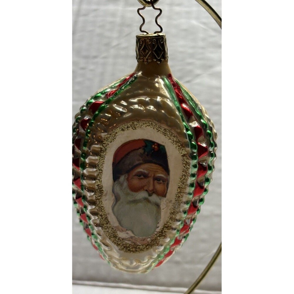 Vintage West Germany Glass Santa Portrait Christmas Ornament Red Green